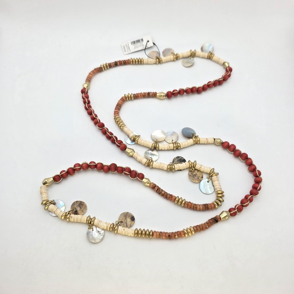 New CHICO'S Utopia Summerberry‎ Necklace Howlite Wood Quartz Mother Of Pearl 48"